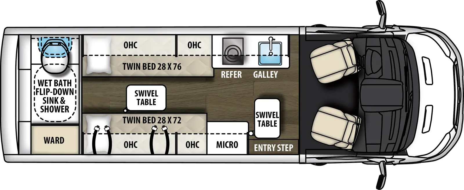 The Beyond 22RB  has 0 slideouts and 1 entry door and rear doors. Interior layout from front to back; removable table; off-door Galley kitchen with LP cooktop, refrigerator and single sink with overhead cabinets; door side near entry steps microwave with overhead cabinets; door side 28 inch by 76 inch twin bed with two seat belts and overhead cabinets; off-door side 28 inch by 76 inch twin bed with overhead cabinets and lagun table; rear wet bath with flip down sink, shower and wardrobe.